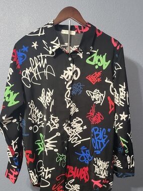 Black Graffiti Print Button-Down Shirt - Jon & Anna